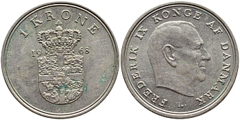 ДАНИЯ 1 КРОНА 1968 C; S, ФРЕДЕРИК IX (1947-1972) KM 851.1 медно-никель 4398-1024