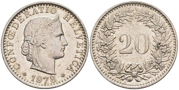 ШВЕЙЦАРИЯ 20 РАППЕНОВ 1978 KM 29a медно-никель 55-955