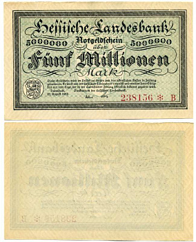 ДАРМШТАДТ, ГЕРМАНИЯ 5000000 МАРОК (5 МИЛЛИОНОВ МАРОК) 1923 22 АВГУСТА 1923, НОТГЕЛЬД, ЗЕМЛЯ ГЕССЕН, НОМЕР, СНЕЖИНКА, СЕРИЯ B, HESSESCHE LANDESBANK Keller 956b бумага аUNC 8613-24-2-1