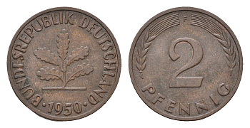 ФРГ 2 пфеннига 1950 F KM 106, J. 381 бронза 4618-659