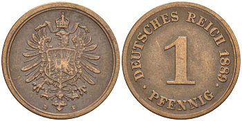 ГЕРМАНИЯ 1 ПФЕННИГ 1889 D, СТАРОГЕРБОВКА KM 1, J. 1, Weege 1 медь 206-138