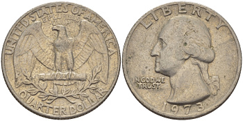 США 25 центов (квотер) 1973 Вашингтон KM 164а медь плакированная медно-никелем 31-724