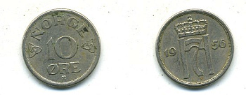 НОРВЕГИЯ 10 ЭРЕ 1956 ХОКОН VII KM 396 медно-никель 46-326