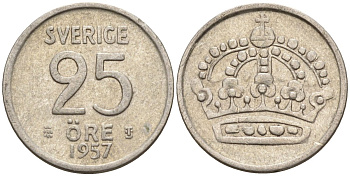 Швеция 25 эре 1957 TS, Густав VI Адольф (1950-1973) KM 824 серебро 4147-1055