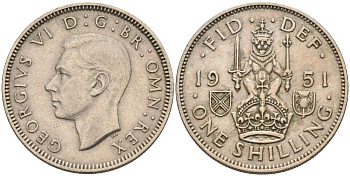 Великобритания 1 шиллинг 1951 Георг VI (1936-1952), Шотландский герб KM 877, Spink 4109 медно-никель 4126-417