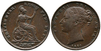 Великобритания 1 фартинг 1850 Виктория (1837-1901) KM 725, Spink 3950 медь 1518-644