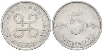 Финляндия 5 пенни 1980 KM 45а алюминий 187-443