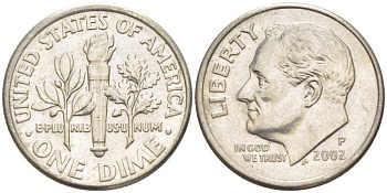 США 10 ЦЕНТОВ = 1 ДАЙМ 2002 Р, РУЗВЕЛЬТ KM 195а медь плакированная медно-никелем 211-1145