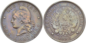 Аргентина 2 сентаво 1892 голова свободы влево KM 8 бронза 4512-734