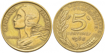 ФРАНЦИЯ 5 САНТИМОВ 1968 ТИП MARIANNE KM 933, LE FRANC 125.4 алюминиевая бронза 112-834