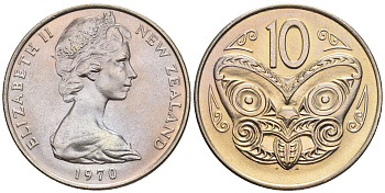 Новая Зеландия 10 центов 1970 Елизавета II (1952-2022), маска маори KM 41.1 медно-никель  UNC  4177-1241