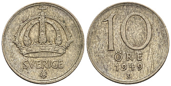 Швеция 10 эре 1949 Густав V (1907-1950) KM 813 серебро 3309-423