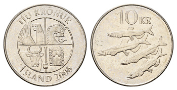Исландия 10 крон 2006 рыбы KM 29.1a сталь плакированная никелем 4691-312