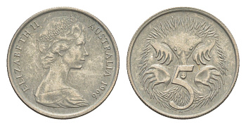 Австралия 5 центов 1966 Елизавета II (1952-2022) молодой портрет, ехидна KM 64 медно-никель 4580-1252