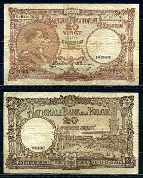 Бельгия 20 франков 1947 05.06.1947, Король Альберт I и его жена Королева Елизавета, Гран-Плас / Гроте Маркт, Брюссель Pick 111 (3) бумага 6301-35-1-2