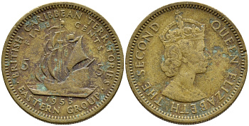 Британские Восточно-Карибские территории 5 центов 1955 Елизавета II (1952-2022), парусник KM 4 никель латунь 4388-117