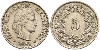 ШВЕЙЦАРИЯ 5 РАППЕНОВ 1951 В KM 26 медно-никель 4532-946