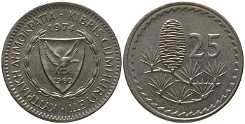 Кипр 25 милей 1974 KM 40 медно-никель 4567-662