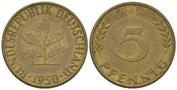 ФРГ 5 пфеннигов 1950 G KM 107, J.382 сталь плакированная латунью 4651-1119