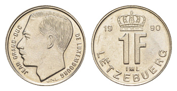 Люксембург 1 франк 1990 Герцог Жан (1964-1999) KM 63 сталь плакированная никелем UNC 4643-555