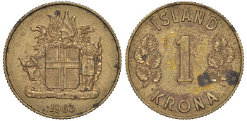 Исландия 1 крона 1963 KM 12a никель латунь 4606-435