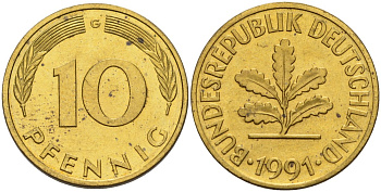 ФРГ 10 пфеннигов 1991 G KM 108, J. 383 сталь плакированная латунью 4175-1141