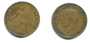 Великобритания 1/2 пенни 1931 Георг V (1910-1936) KM 837, Spink 4058 бронза 4383-956