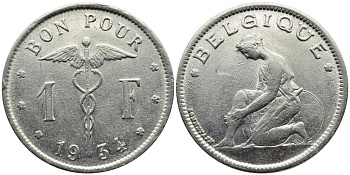 БЕЛЬГИЯ 1 ФРАНК 1934 BELGIQUE KM 89 никель 4393-937