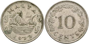 Мальта 10 центов 1972 баржа Великого магистра KM 11 медно-никель 4137-921