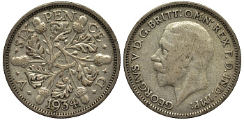 Великобритания 6 пенсов 1934 Георг V (1910-1936) KM 832, Spink 4041 серебро 4538-354