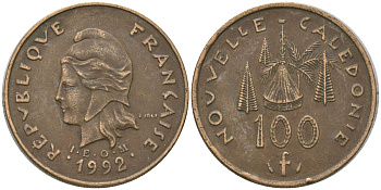 Французская Новая Каледония 100 франков 1992 хижина среди сосен и пальм, (IEOM) KM 15, Schoen 16, Lec 137 никель латунь 4140-546