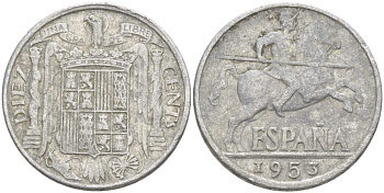 ИСПАНИЯ 10 СЕНТИМО 1953 РЫЦАРЬ НА КОНЕ KM 766 алюминий 4523-452