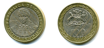 Чили 100 песо 2006 индейцы Мапуче KM 236 биметалл 29-221