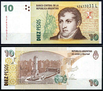 Аргентина 10 песо 2003 серия L, Мануэль Бельграно (1770-1820) Pick 354 бумага UNC (пресс)   447-9-3