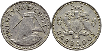 Барбадос 25 центов 1978 ветряная мельница Моргана Льюиса KM 13 медно-никель 4398-347