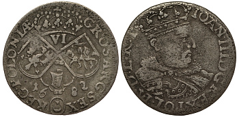 Польша 6 грошей (шостак) 1682  Ян III Собеский (1674-1796), корона, вес 3,09 гр. KM 122 серебро 1516-1124