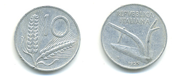 ИТАЛИЯ 10 ЛИР 1955 R, КОЛОСЬЯ, ПЛУГ KM 93 алюминий 86-947