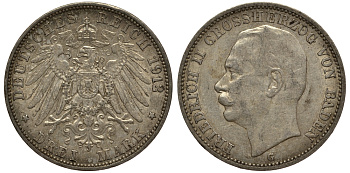 Баден 3 марки 1912 Фридрих II (1907-1918) J. 39, KM 280 серебро    3711-1734