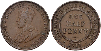 АВСТРАЛИЯ 1/2 ПЕННИ 1917 ГЕОРГ V KM 22 бронза 67-1214