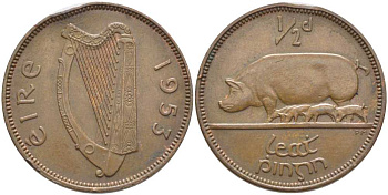 ИРЛАНДИЯ 1/2 ПЕННИ 1953 СВИНЬЯ С ПОРОСЯТАМИ KM 10 бронза 113-343