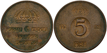 Швеция 5 эре 1968 Густав VI Адольф (1950-1973) KM 822 бронза 4156-237