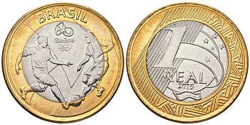 Бразилия 1 реал 2015 XXXI летние Олимпийские Игры, Рио-де-Жанейро 2016 - Футбол KM 708 биметалл UNC 4140-133