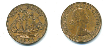 Великобритания 1/2 пенни 1959 Елизавета II (1952-2022) KM 896, Spink 4158 бронза 4383-325