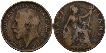 Великобритания 1/2 пенни 1917 Георг V (1910-1936) KM 809, Spink 4056 бронза 4601-426