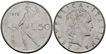 Италия 50 лир 1978 R, бог огня Вулкан у наковальни KM 95.1 нержавеющая сталь 4138-622
