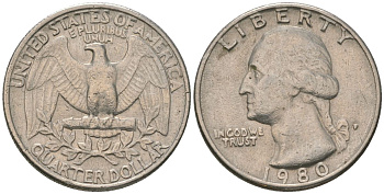 США 25 центов (квотер) 1980 P, Вашингтон KM A164a медь плакированная медно-никелем 4597-742