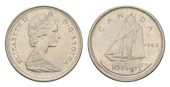 Канада 10 центов 1969 Елизавета II (1952-2022), парусник KM 77 никель 4158-717