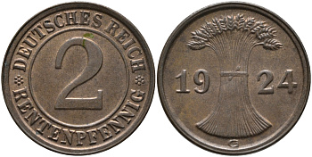 ГЕРМАНИЯ 2 РЕНТПФЕННИГА 1924 G J 307, KM 31 бронза UNC 413-3821