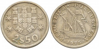 ПОРТУГАЛИЯ 2,5 ЭСКУДО 1975 ПАРУСНИК KM 590 медно-никель 3718-318