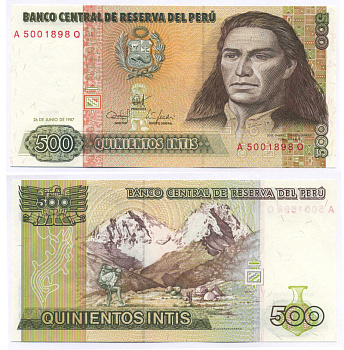Перу 500 инти 1987 Хосе Габриель, Тупак Амару II, южноамериканский революционер, организатор восстания коренных народов против испанских колониальных властей в перу, альпинисты на восхождении Pick 134b бумага UNC (пресс) 7148-31-3